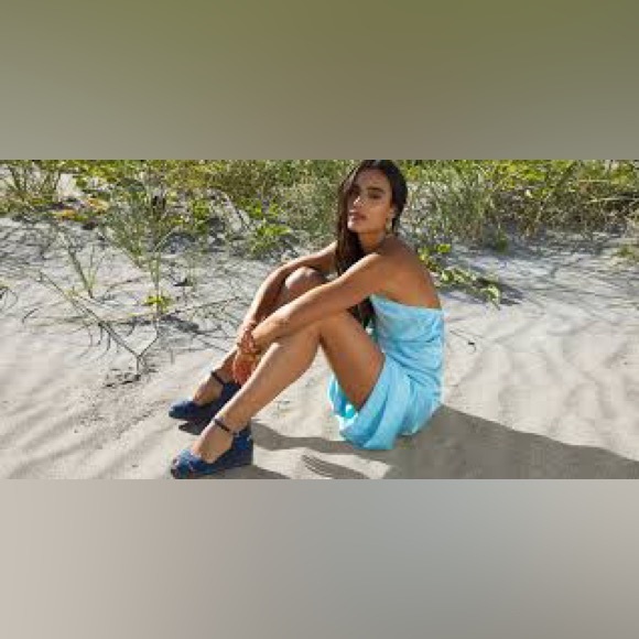 Stuart Weitzman Blue Denim Chambray Espadrille Wedge Sandals 6 - Picture 9 of 9